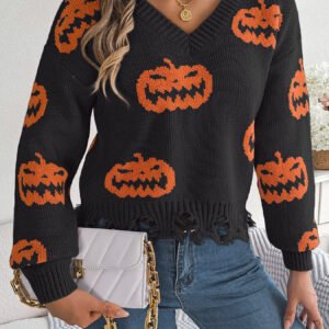 Halloween Pumpkin Pattern Raw Hem V-Neck Sweater – Perfect Fall Dress Up!