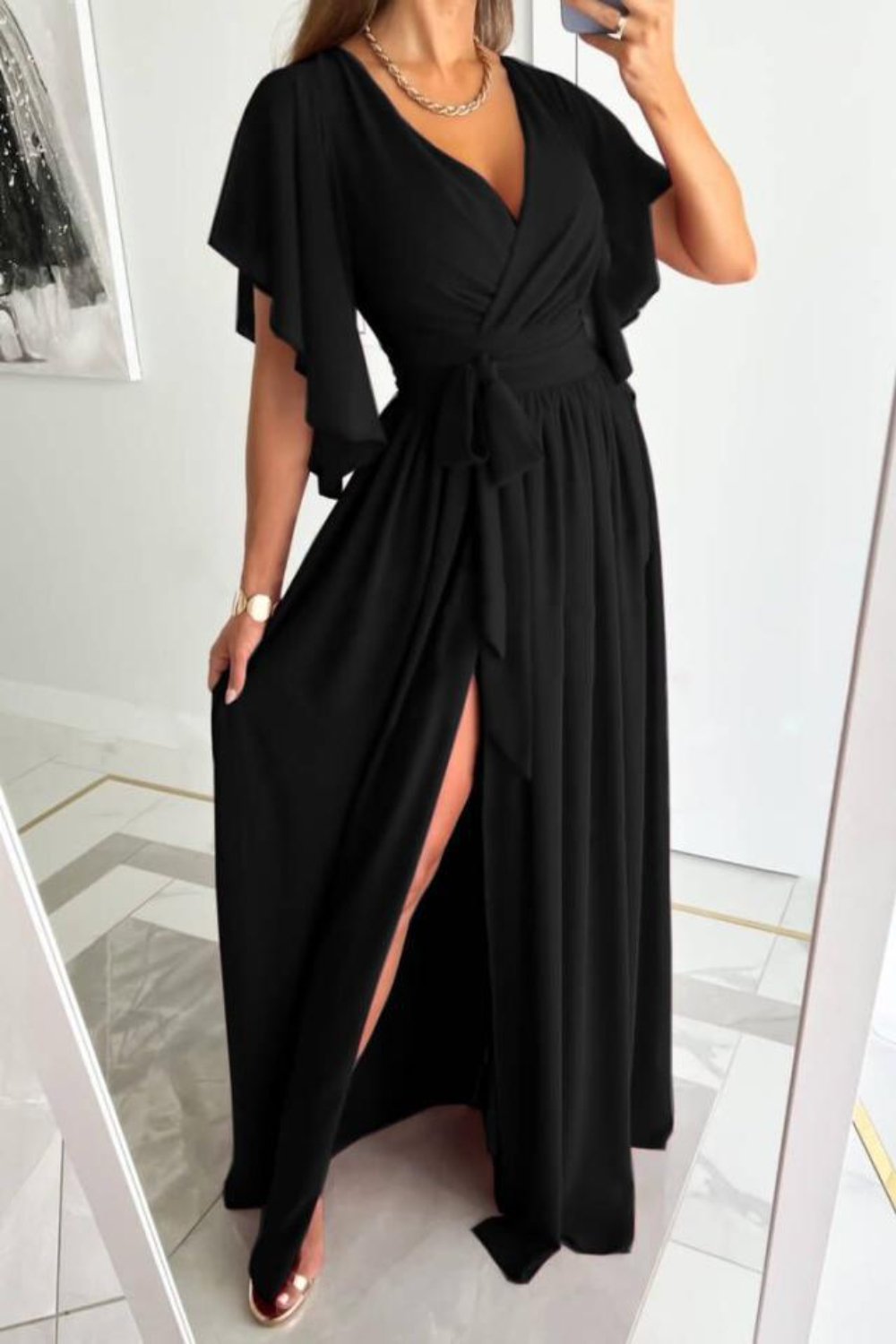 Surplice Black Flutter Sleeve Maxi Dress – Chic Holiday & Thanksgiving Style - Image 9