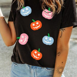 Chenille Pumpkin Patched Playful Halloween Short Sleeve T-Shirt – USA Holiday Style