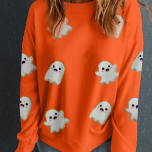Halloween Ghost Patched Pattern Cotton Sweatshirt – Cozy Holiday Long Sleeve