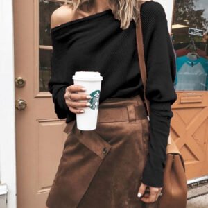 Full Size One-Shoulder Ribbed Sweater – Plus Size Oversized Long Sleeve Black Friday Dress