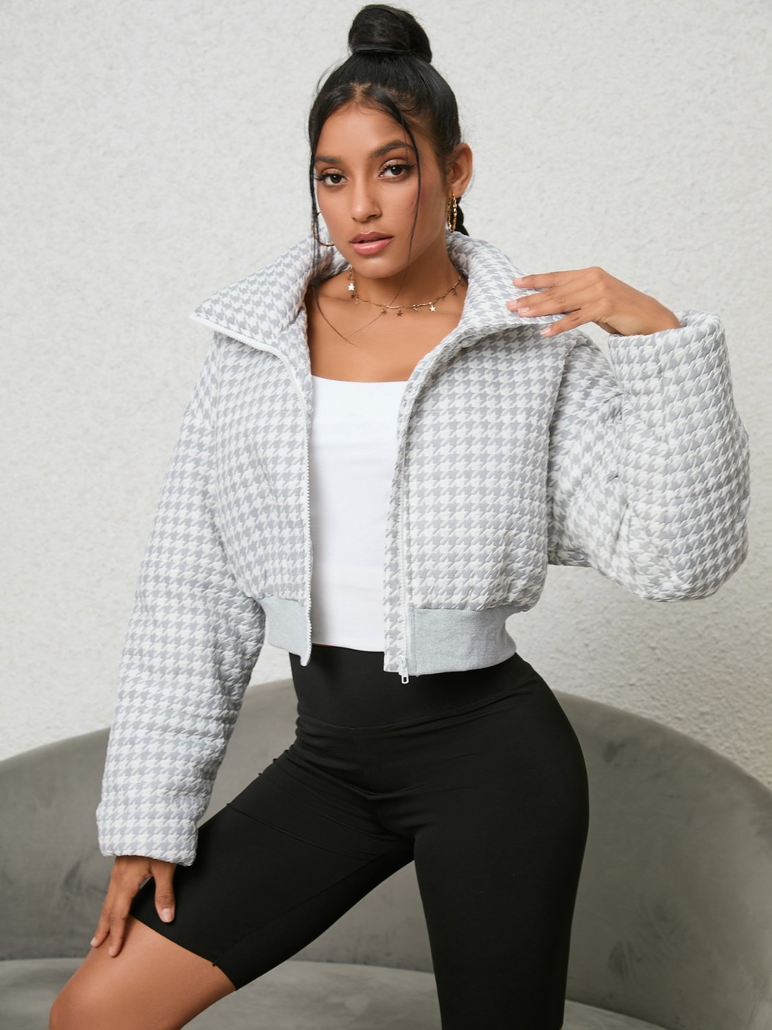 Stylish Houndstooth Zip-Up Jacket – Perfect Casual Jacket Sweater