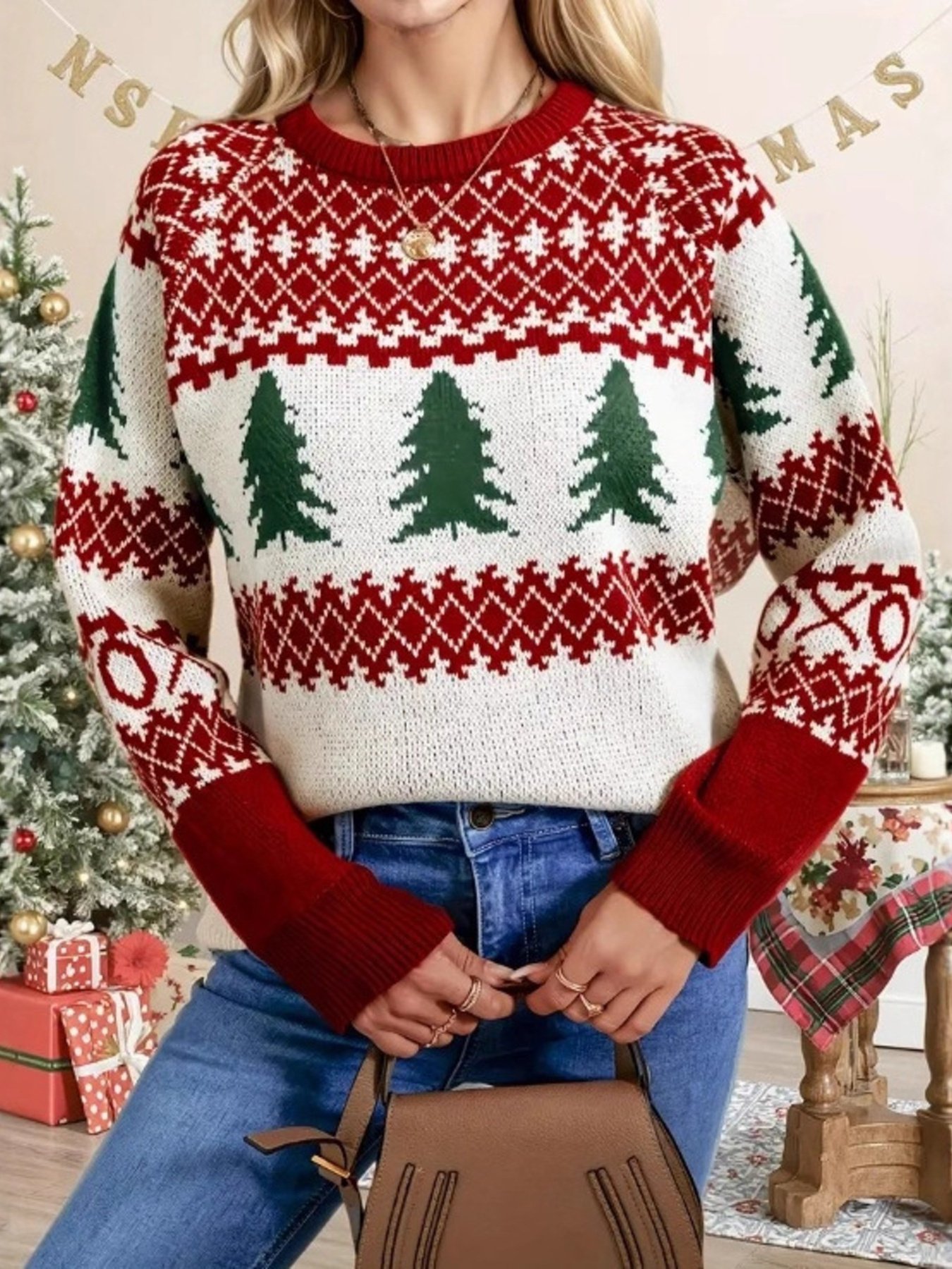 Cozy Christmas Tree Pattern Round Neck Sweater – Limited 10% Off with Code Christmas10!