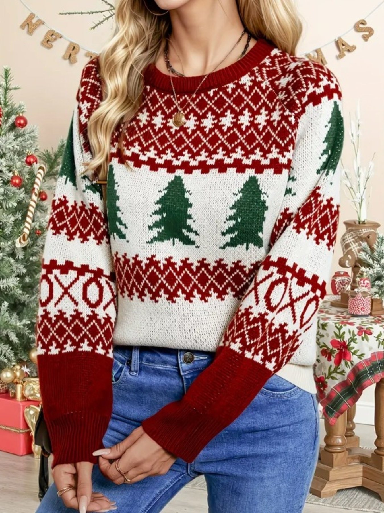 Cozy Christmas Tree Pattern Round Neck Sweater – Limited 10% Off with Code Christmas10! - Image 2
