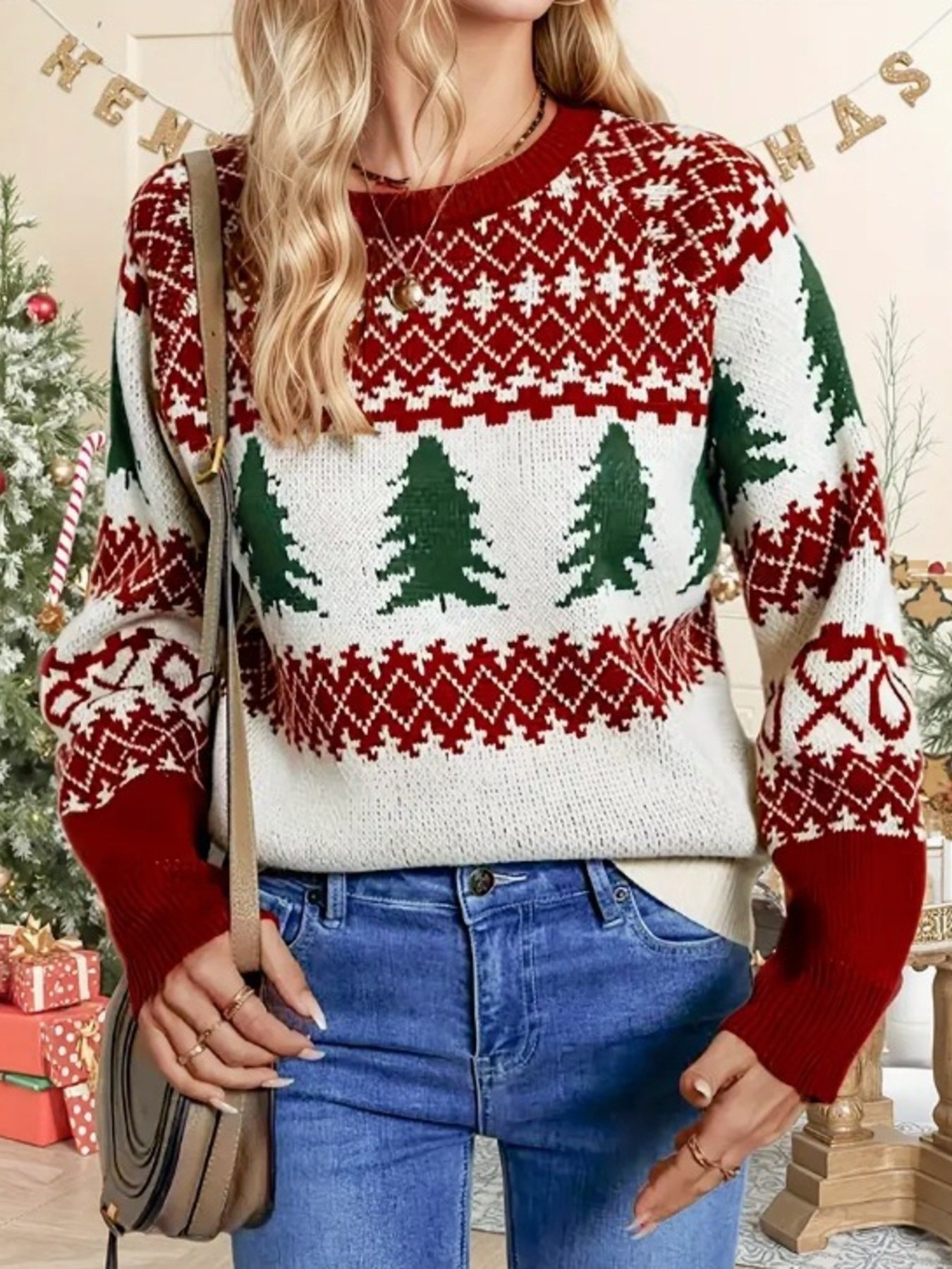 Cozy Christmas Tree Pattern Round Neck Sweater – Limited 10% Off with Code Christmas10! - Image 6