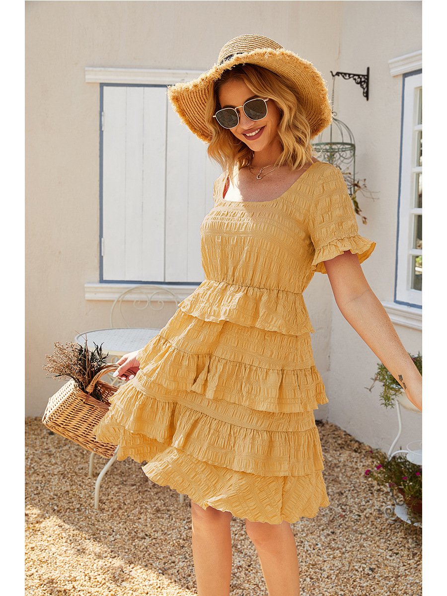 Yellow Square Neck Ruffle Mini Dress - Ruched Party Perfection with Short Sleeves! - Image 3