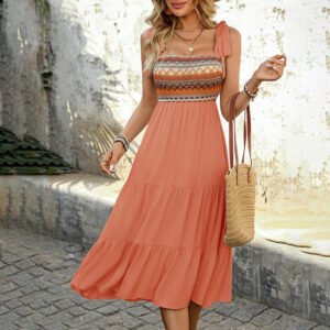 Orange Sleeveless Square Neck Boho Dress - Flowy Ruched Party Sundress for Summer!