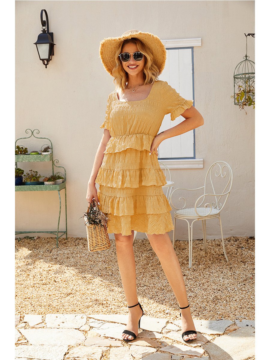 Yellow Square Neck Ruffle Mini Dress - Ruched Party Perfection with Short Sleeves! - Image 7