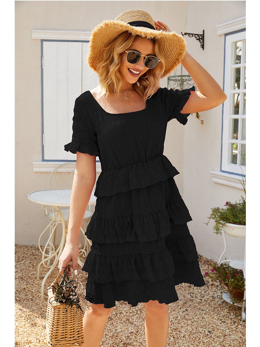 Yellow Square Neck Ruffle Mini Dress - Ruched Party Perfection with Short Sleeves! - Image 9