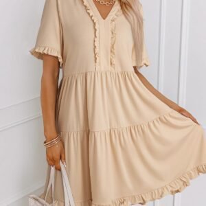 Women’s Summer Spring V Neck Short Sleeve Mini Dress – A Line Flowy Swing Casual Dress for Day Out & Party (USA)