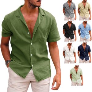 Men’s Short Sleeve Button Down Shirt – White Linen Cotton Casual Beach Shirt for Summer (S–XXL, 8 Colors)