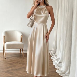 Effortless California Chic: Pearl Halter Midi Dress for Sun-Kissed Glamour