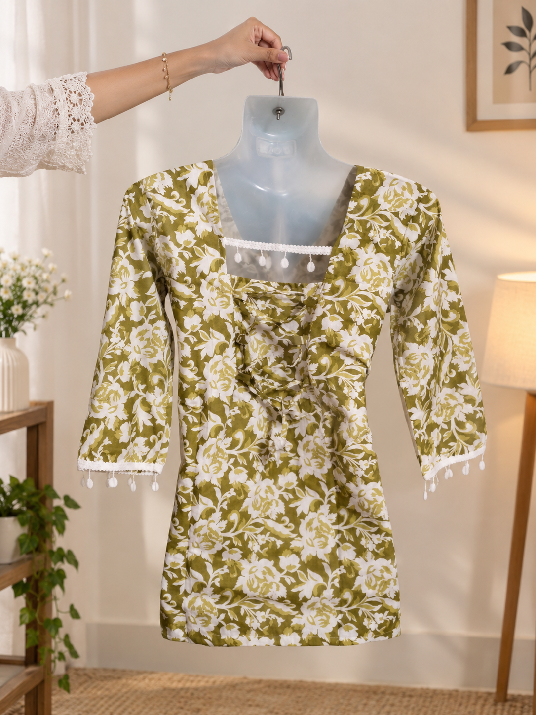 olive green square neck kurti
