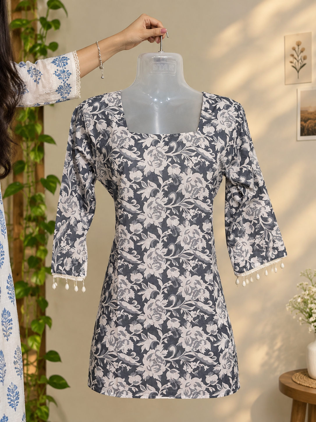 Charcoal grey square neck kurti